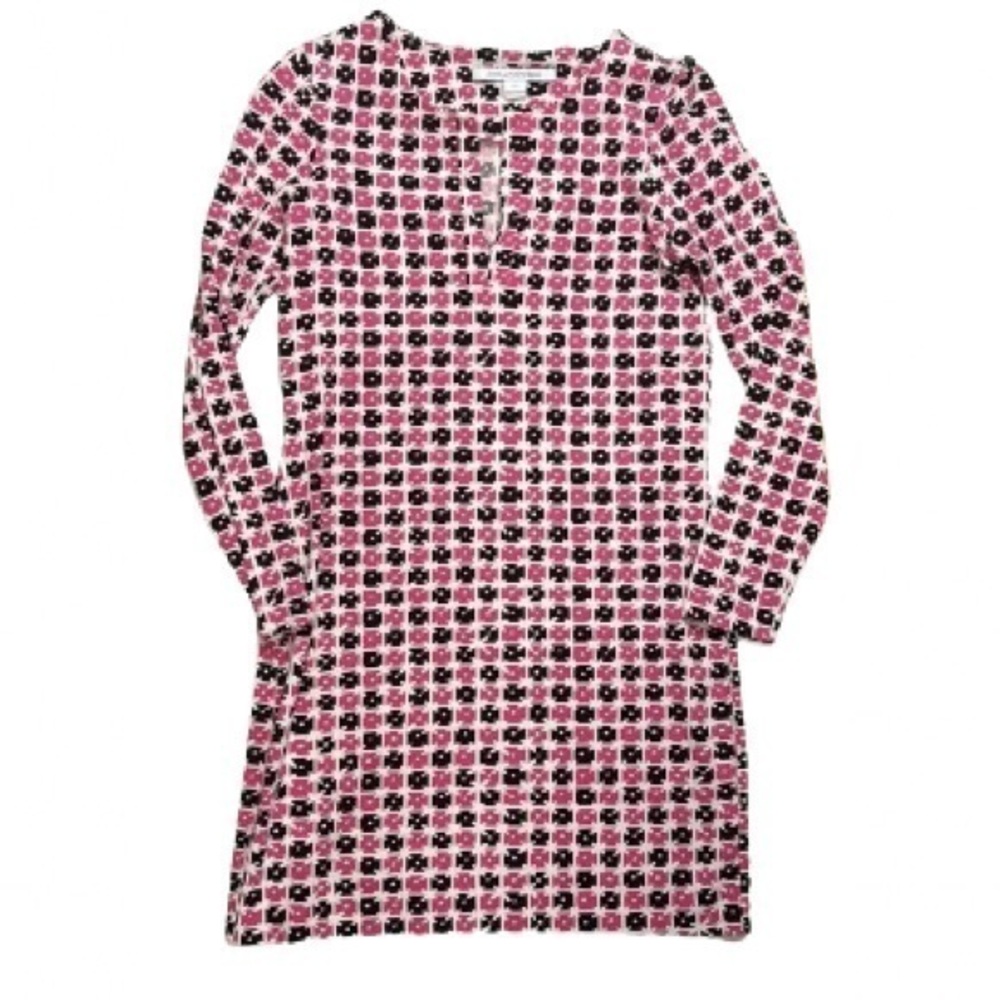Diane von Furstenberg Reina Check Dot Pink Long Sleeve Dress